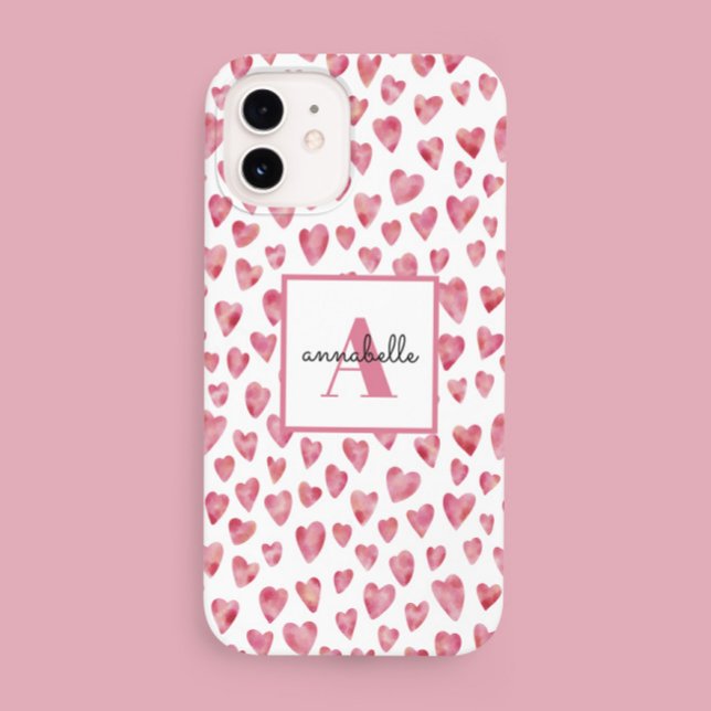 Monogram Pink Watercolor Heart Pattern Case-Mate iPhone Case (Creator Uploaded)