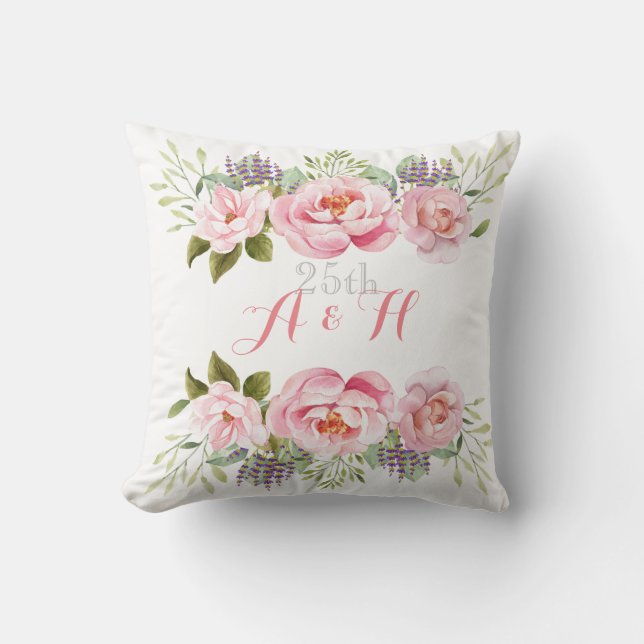 Monogram Pink Wedding Anniversary Flower Wreath  Cushion (Front)