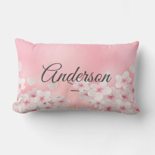 Monogram Pink White Cherry Blossom Floral Flowers Lumbar Cushion