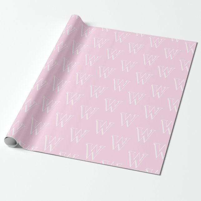 Monogram pink white custom initial number pattern wrapping paper (Unrolled)