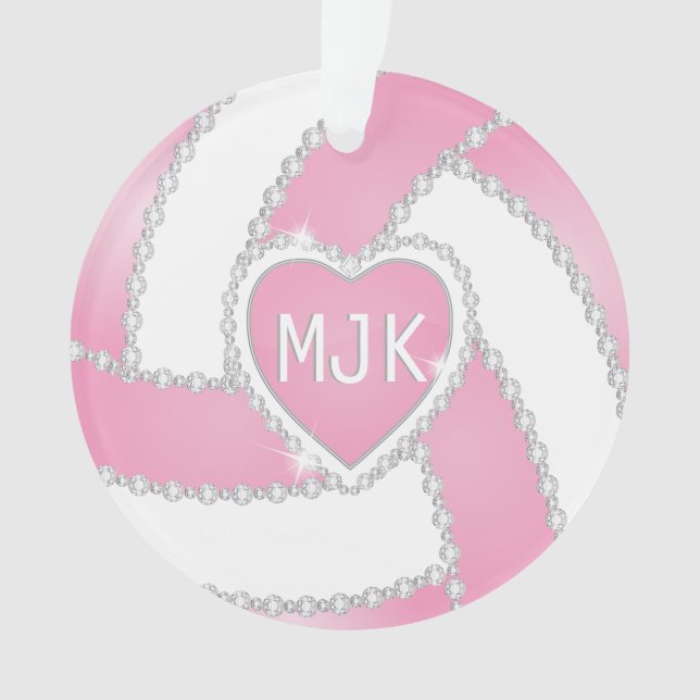 Monogram Pink & White Diamond Volleyball Ornament (Front)