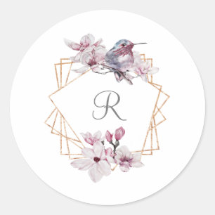 Monogram Pink White Magnolias Bird Gold Frame Classic Round Sticker