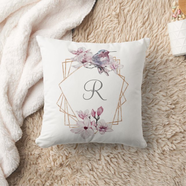 Monogram Pink White Magnolias Bird Gold Frame Cushion (Blanket)