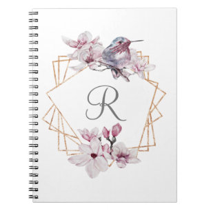 Monogram Pink White Magnolias Bird Gold Frame Notebook