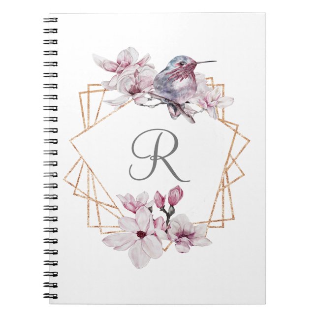 Monogram Pink White Magnolias Bird Gold Frame  Notebook (Front)