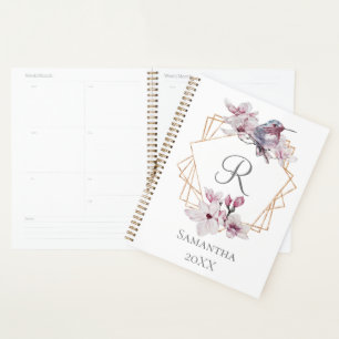 Monogram Pink White Magnolias Bird Gold Frame Planner