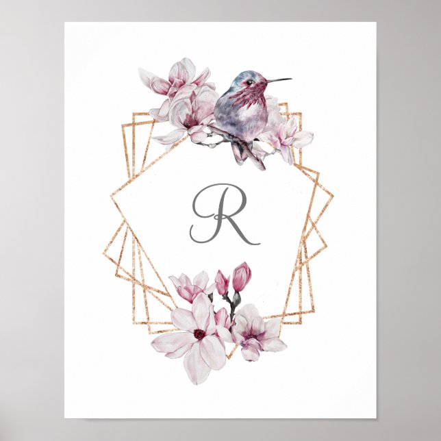 Monogram Pink White Magnolias Bird Gold Frame  Poster (Front)