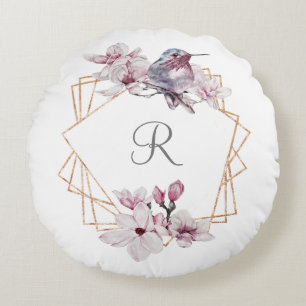 Monogram Pink White Magnolias Bird Gold Frame Round Cushion