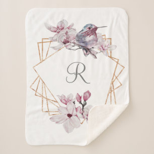 Monogram Pink White Magnolias Bird Gold Frame Sherpa Blanket
