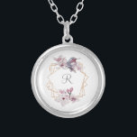 Monogram Pink White Magnolias Bird Gold Frame  Silver Plated Necklace<br><div class="desc">Personalise these elegant pink white and grey gold frame with magnolias necklace with your initial.  Elegant and pretty.</div>