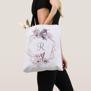 Monogram Pink White Magnolias Bird Gold Frame Tote Bag