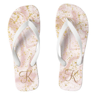 Monogram Pink White Marble Swirl Gold Glitter Fli Thongs