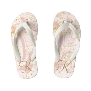 Monogram Pink White Marble Swirl Gold Glitter Kid's Thongs