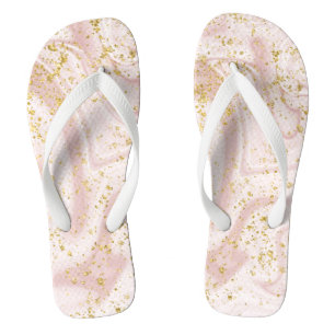 Monogram Pink White Marble Swirl Gold Glitter Thongs