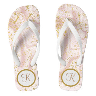  Monogram Pink White Marble Swirl Gold Glitter Thongs