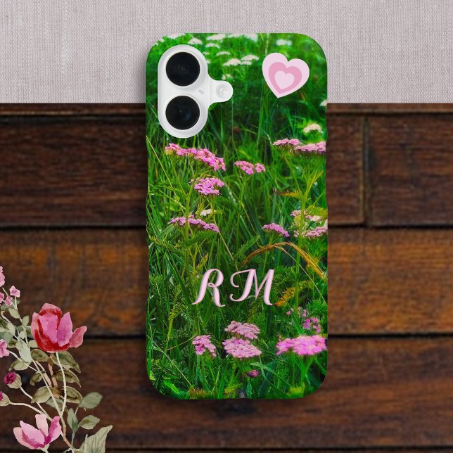 Monogram Pink Wildflower Hearts iPhone 16 Case (A pretty phone case with custom initials and photograph of pink wildflowers and long grass)