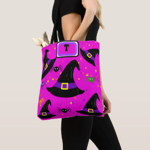 Monogram Pink Witches Halloween Hats Tote Bag