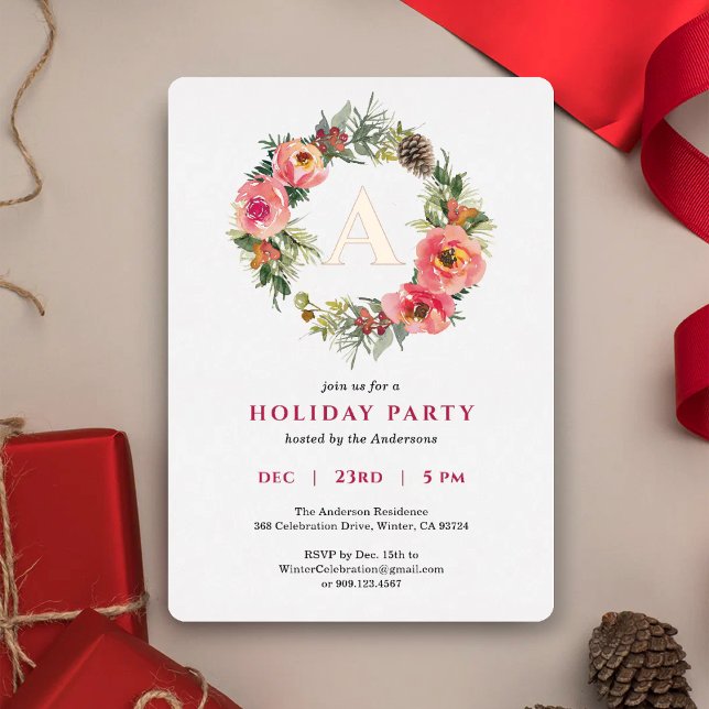 Monogram Pink Wreath Botanical Christmas Party  Foil Holiday Card (Creator Uploaded)