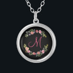 Monogram Pink, Yellow and Green Floral Watercolor Silver Plated Necklace<br><div class="desc">This beautiful floral wreath with pinks,  yellows and greens on a black background will make a great gift for that special some one or for yourself. Monogram it with an initial and if you would like to change the background colour,  click to customise it further.</div>