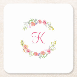 Monogram Pink, Yellow and Green Floral Watercolor Square Paper Coaster