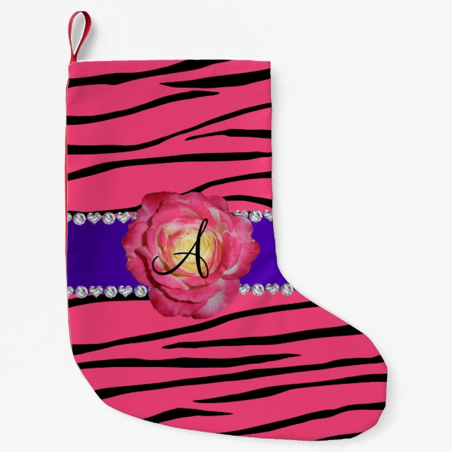 Monogram pink zebra stripes pink rose small christmas stocking (Front)