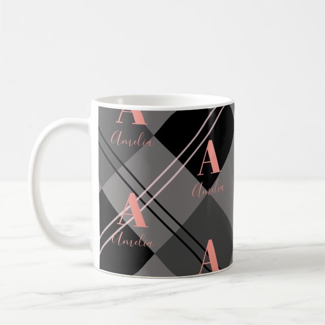Monogram Plaid Grey Black Pink Coffee Mug (Left)