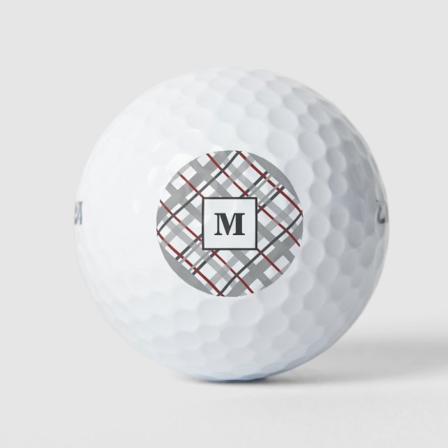 Monogram Plaid Grey Silver Red Golf Balls (Front)