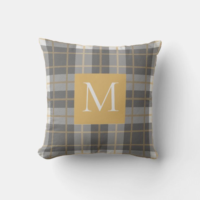 Monogram Plaid Grey Yellow Throw Pillow (Front)