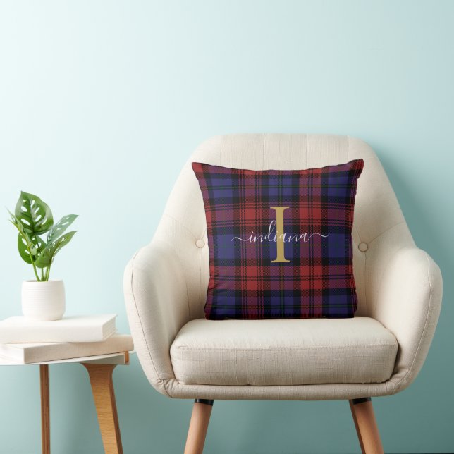 Monogram Plaid Name Red Purple Rustic Tartan Cushion (Chair)
