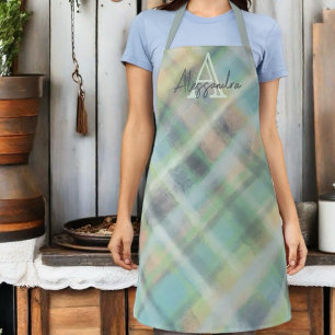 Monogram plaid pastel green grey cyan yellow apron