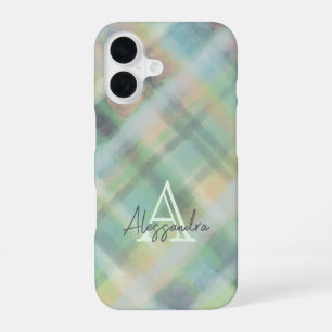 Monogram plaid pastel green grey yellow teal iPhone 16 case