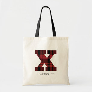 Monogram Plaid Red and Black Letter "X" Name Tote Bag