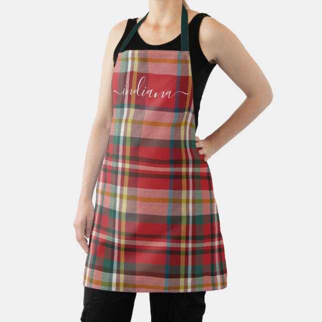 Monogram Plaid Red and Green Holiday Rustic Apron (Insitu)
