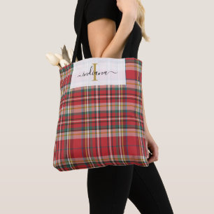 Monogram Plaid Red Green Script Rustic Tote Bag