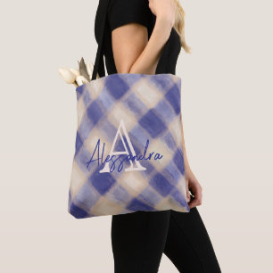 Monogram plaid tartan navy blue cream calligraphy  tote bag