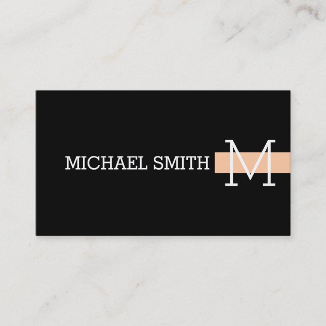 Monogram Plain Black Modern Peach Business Card (Front)