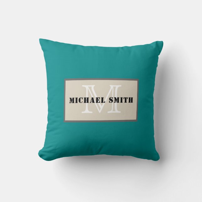 Monogram Plain Dark Cyan Background Cushion (Front)