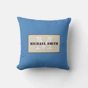 Monogram Plain Dark Cyan-blue Azure Background Cushion