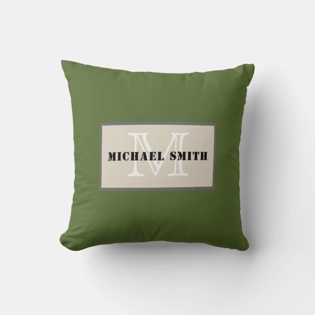Monogram Plain Dark Olive Green Background Cushion (Front)