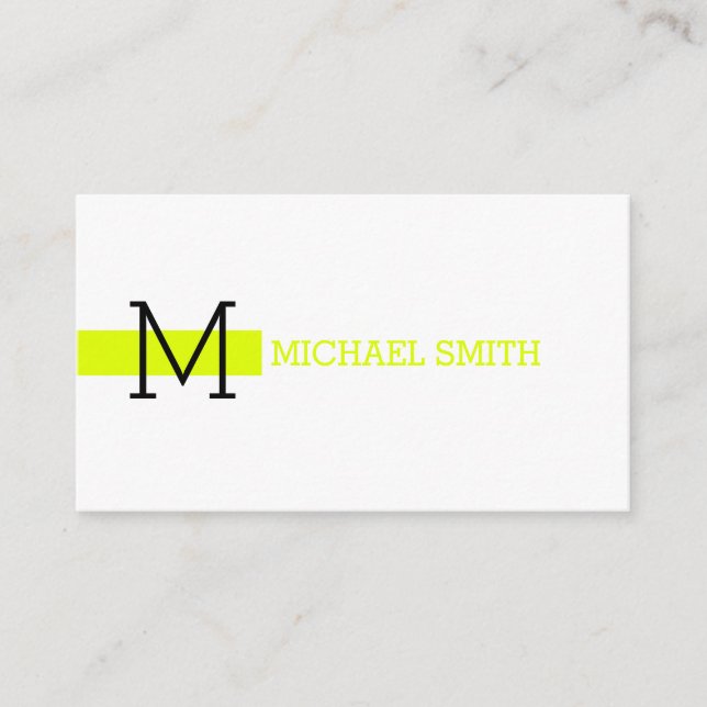 Monogram Plain White Elegant Modern Chartreuse Business Card (Front)