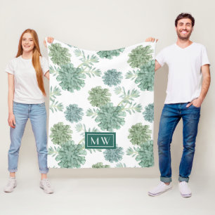 Monogram   Plant Happiness   Succulent Pattern Fleece Blanket