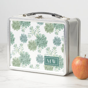 Monogram   Plant Happiness   Succulent Pattern Metal Lunch Box