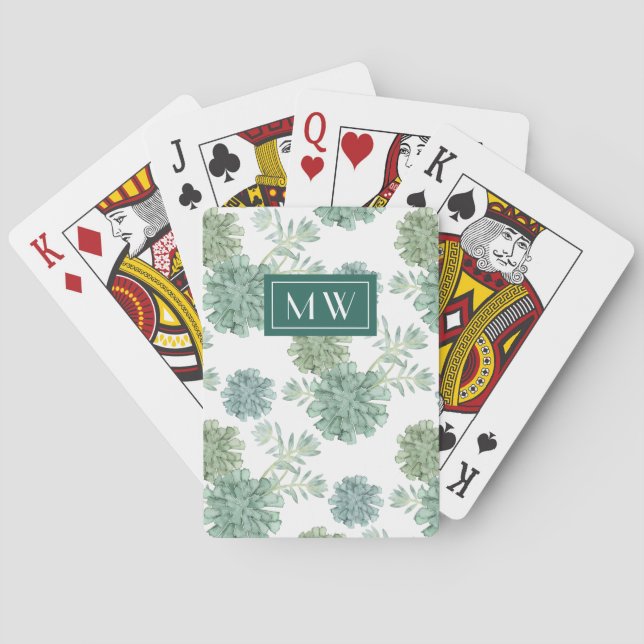 Monogram | Plant Happiness | Succulent Pattern Playing Cards (Back)