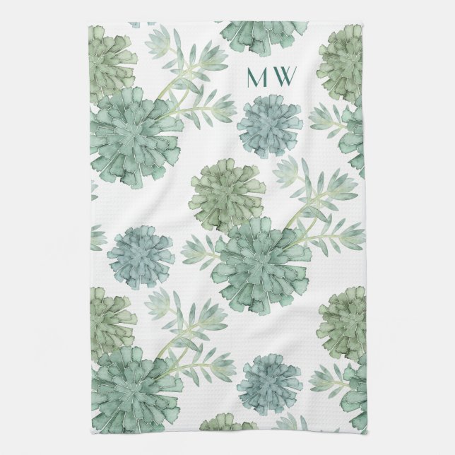 Monogram | Plant Happiness | Succulent Pattern Tea Towel (Vertical)