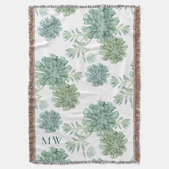 Monogram | Plant Happiness | Succulent Pattern Throw Blanket (Front Vertical)
