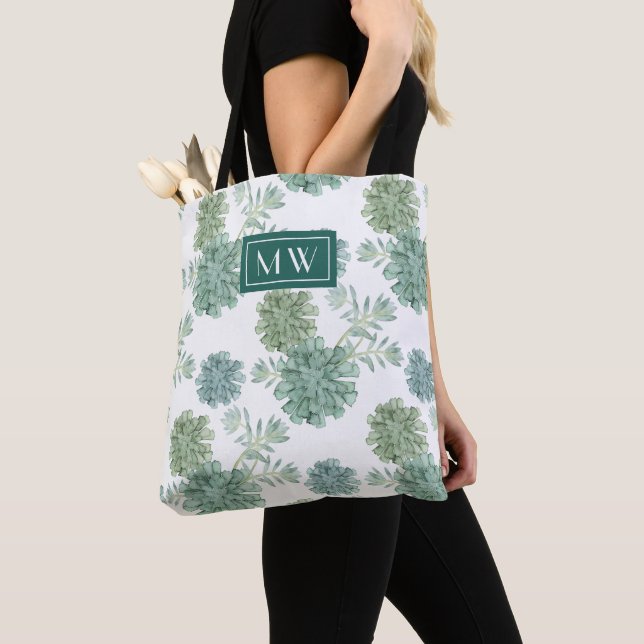 Monogram | Plant Happiness | Succulent Pattern Tote Bag (Close Up)