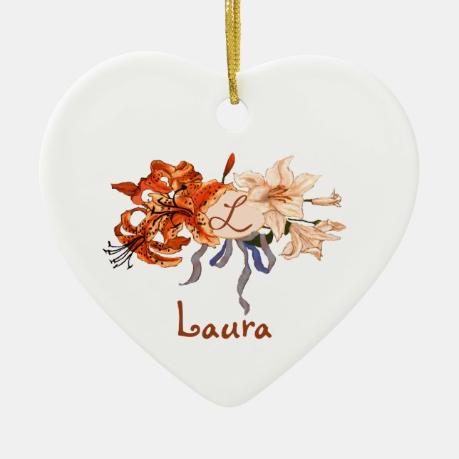 Monogram Pledge of Love Tiger Lily Bouquet Ceramic Ornament (Front)