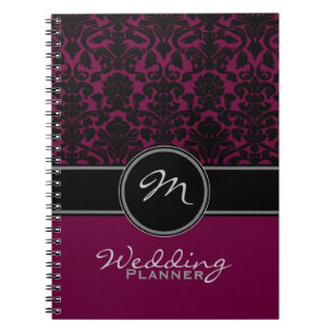 Monogram Plum Black White Damask Wedding Planner Notebook