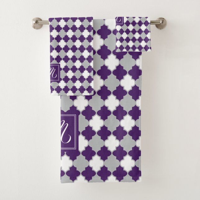 Monogram Plum Purple, Grey and White Quatrefoil Bath Towel Set (Insitu)