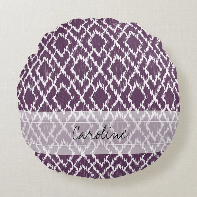 Monogram Plum Purple Tribal Ikat Diamond Pattern Round Cushion (Front)